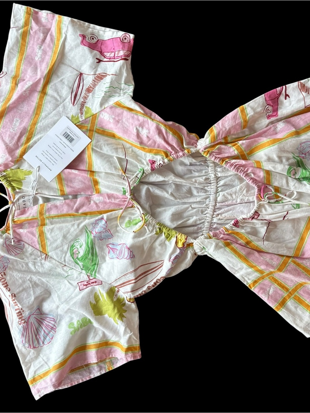 SABO Linen Pink & White Printed Cutout Romper with Tie Waist - Picture 3 of 10